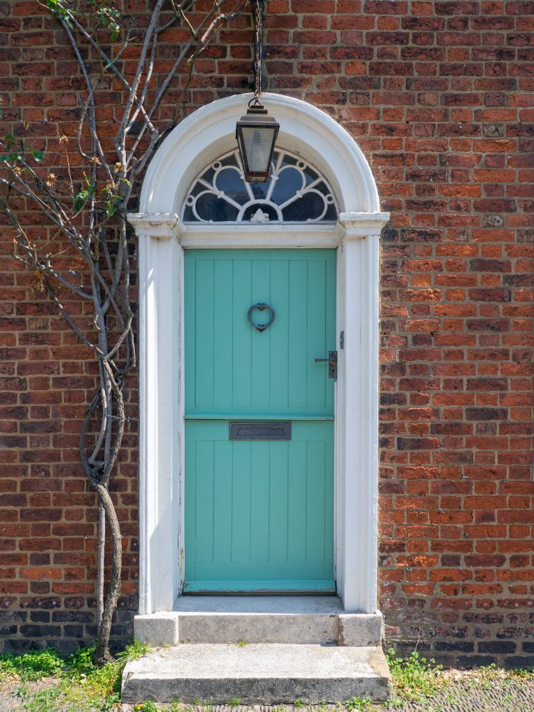 close up of a green wooden house door with a hanging lamp and tree growing up the brick wall