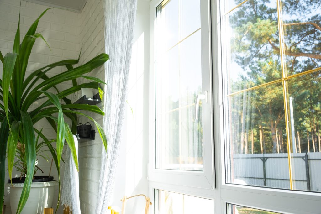 Window from inside the house plastic double-glazed window view outside to the sunny forest